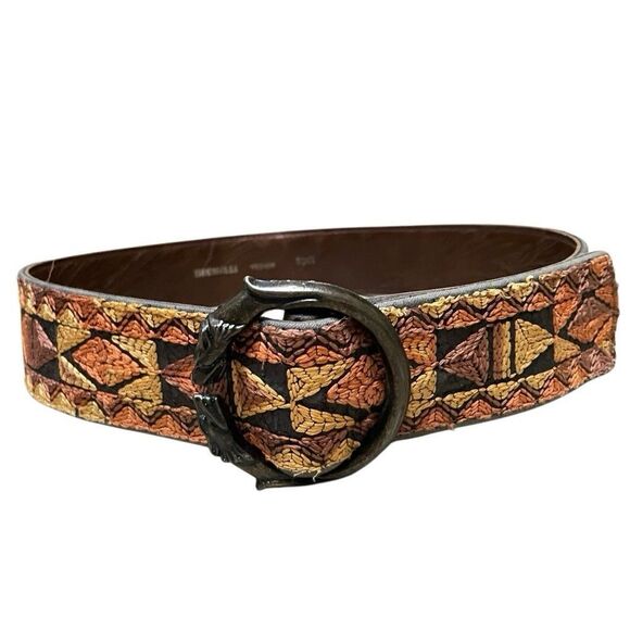 Bechelli Metal Wolf Heads Buckle Southwest Embroidered Hippie Belt 60s Boho Med - Picture 2 of 13